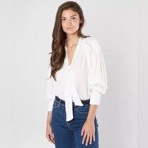 Free People Wishful Moments Blouse Size M white embroidered tie neckline boho